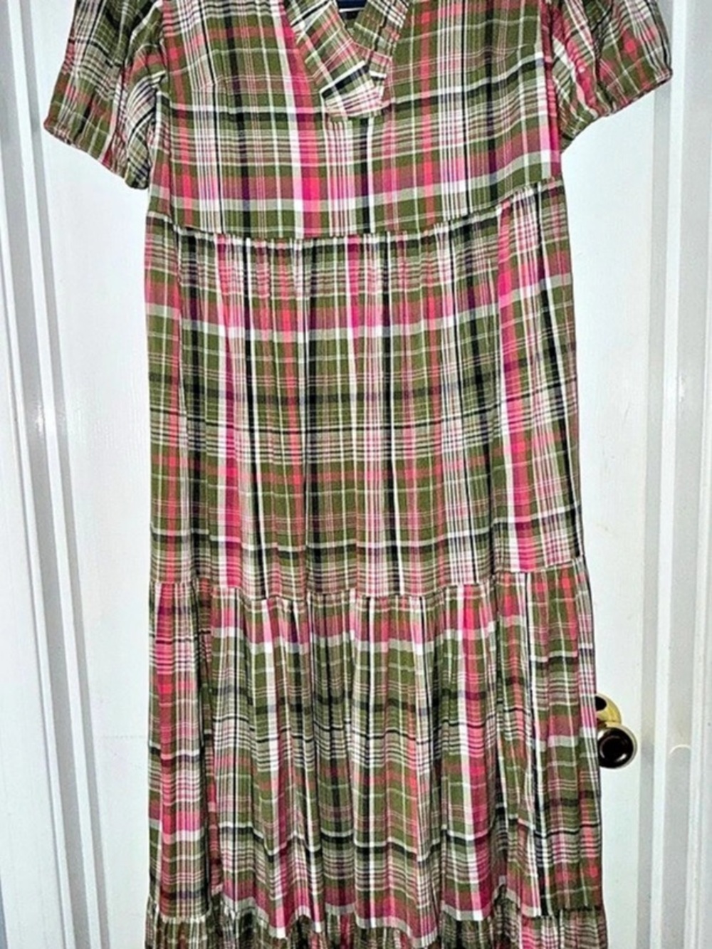 crown & ivy Olive Wahoo Plaid Ruffle Neck Maxi Dress Green & Pink Medium